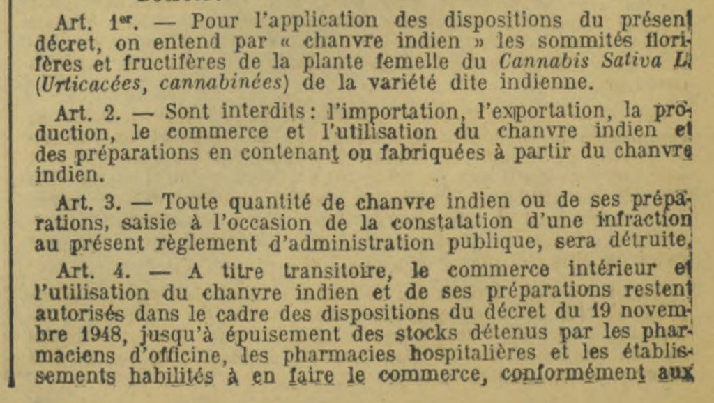 Extrait décret 1953 cannabis mention chanvre indien